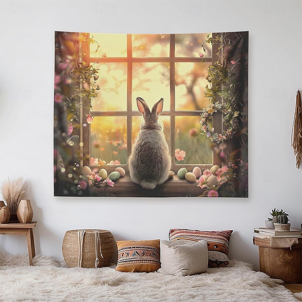 Easter Cute Bunnies Playing Violin Spring Garden Colorful Eggs Basket Flowers Oil Painting Style Wall Tapestry Wall Hanging Living Room Kids Bedroom Home Decor Party Backdrop 2026 - $20.99 –P3