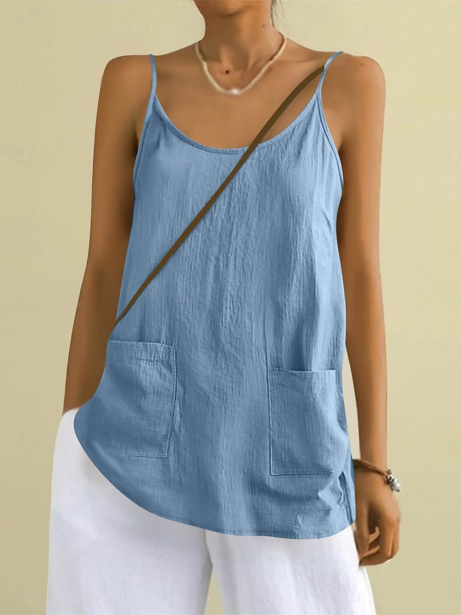 Regata feminina com bolso, lisa, moderna, elegante, clássica, sem mangas, gola redonda, ideal para uso diário, passeios e fins de semana. Cores: azul, preta, branca, amarela, rosa. Verão e primavera. de 2026 por $18.49 –P7