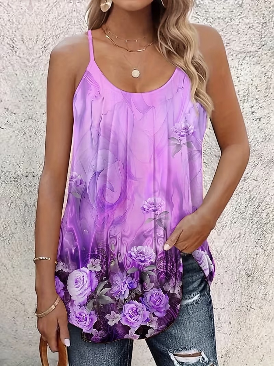 Mulheres Malha Íntima Nadador Imprimir Floral Gráfico Plantas à moda Clássico Casual Sem Manga Gola Redonda Alças Finas Tops longos Diário Para Noite Final de semana Azul Rosa Roxo Verão Primavera de 2026 por $21.99 –P3