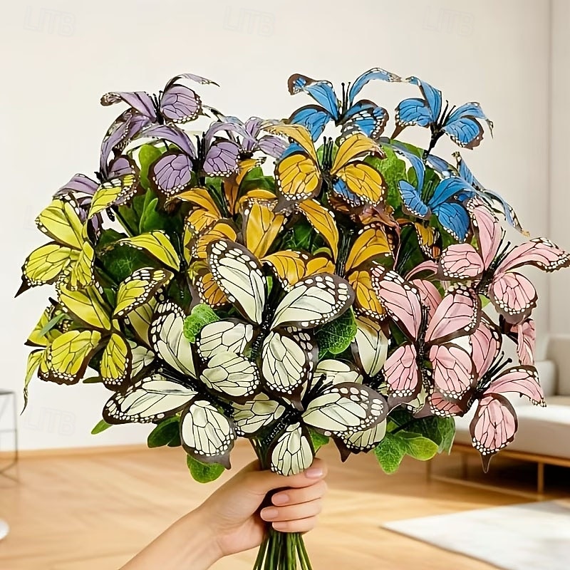 6 svazků motýlích květin s různými barvami, venkovní simulace plastových dekorativních květin, limitovaná edice motýlích kyticí pro domov, hotel, kancelář, svatbu, večírek, zahradu, verandu, chatu, 2026 - $16.99 –P2