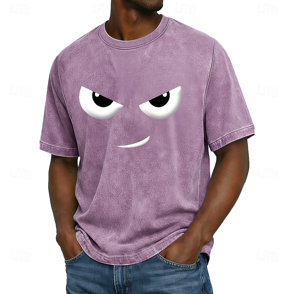 Herren-T-Shirt mit wütendem Grinsen, grimmigen Cartoon-Augen, Acid-Wash-Look, Vintage-Streetwear-Design, Kurzarm, Rundhalsausschnitt, lässige Alltagskleidung, Designer-Bekleidung, Größen: S, M, L, XL, 2026 - $21.99 –P3