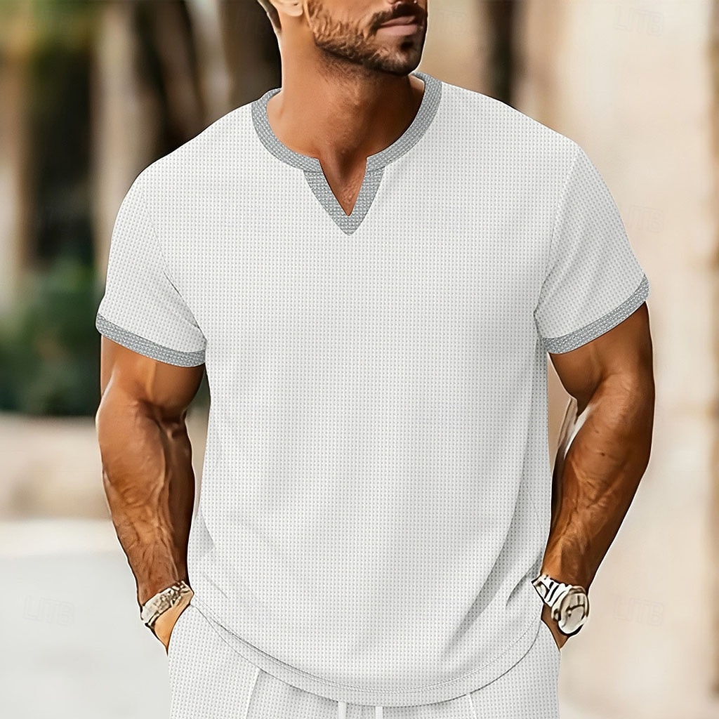 2026年 男性用 ワッフルTシャツ Tシャツ 半袖シャツ ティートップ 半袖 Ｖネック 夏 春 純色 ストリートファッション スタイリッシュ カジュアル パッチワーク 日常 アウトドア ストリートウェア ワイン メンズトップTシャツ  コレクション – $18.99 –P2