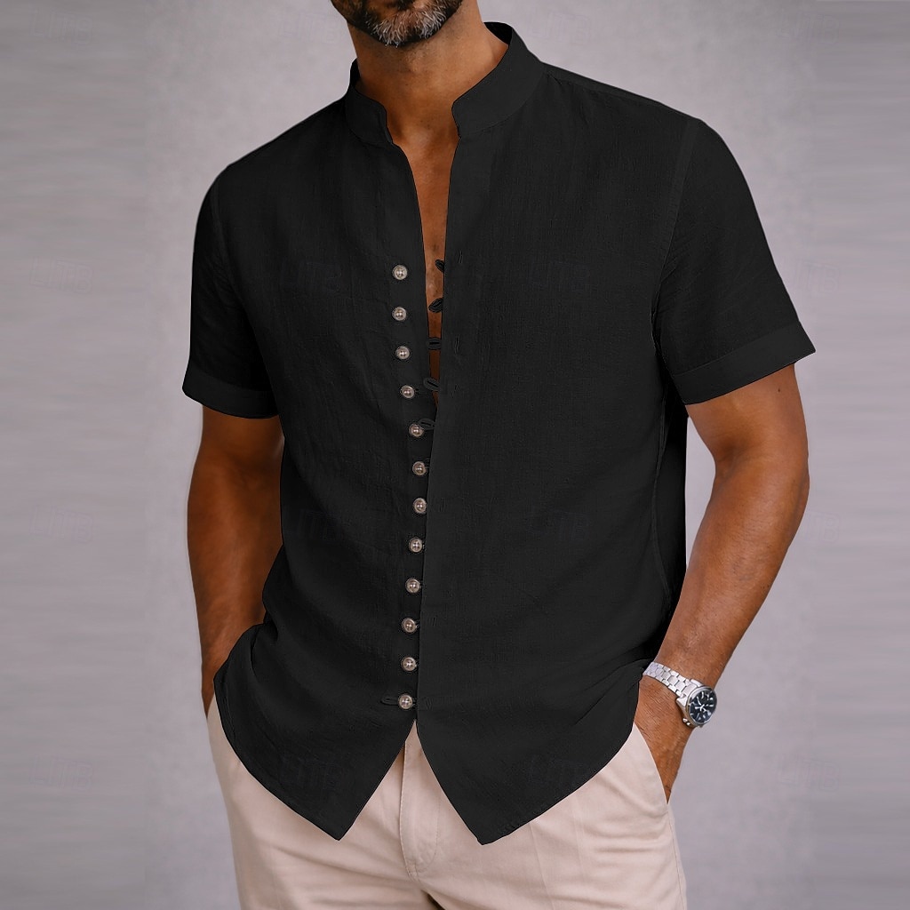 Per uomo Camicia Camicia di lino Camicia Estiva Abbigliamento da spiaggia Camicia con Bottoni Semplice Casuale Spiaggia Blu Nero Bianco Rosa Manica Corta Collo alla coreana Estate Primavera & Estate del 2026 a $23.99 –P7
