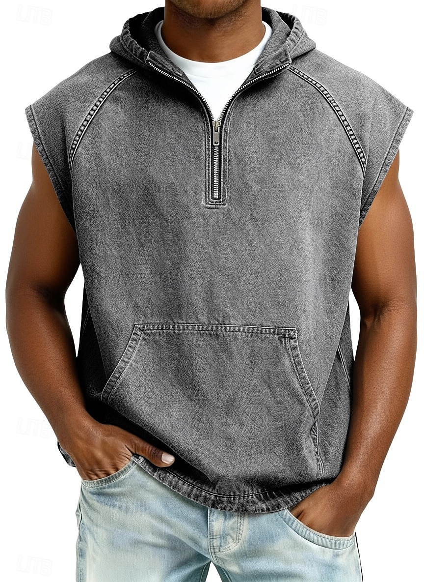 Муж. Безрукавка Демин Рубашка Рубашка с кислотной стиркой Без рукавов Капюшон Молния Лето Весна Все сезоны Полотняное плетение Мода Оригинальный рисунок Классический Окрашенная одежда Капюшон 2026 - $31.99 –P1
