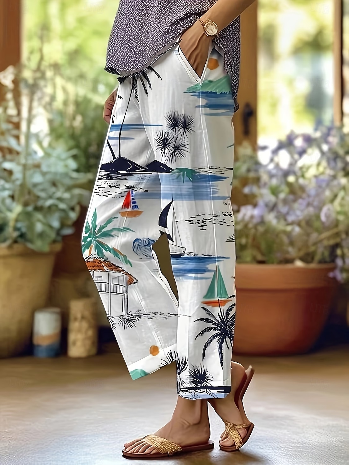 Women's Slacks Straight Vacation Casual Full Length Natural Floral Graphic Tropical Pocket Printing Elastic Drawstring Design Comfy Comfort Comfortable Micro-elastic Outdoor Vacation Street White 2026 - $44.99 –P2