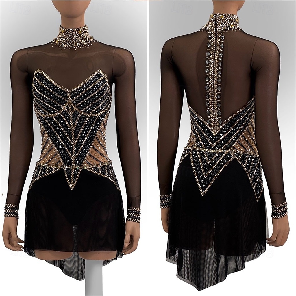 Figure Skating Dress Girls' Ice Skating Dress Black Patchwork Asymmetric Hem Stretchy Training Competition Skating Wear Classic Crystal / Rhinestone Long Sleeve Ice Skating Figure Skating 2026 - $255.79 –P2