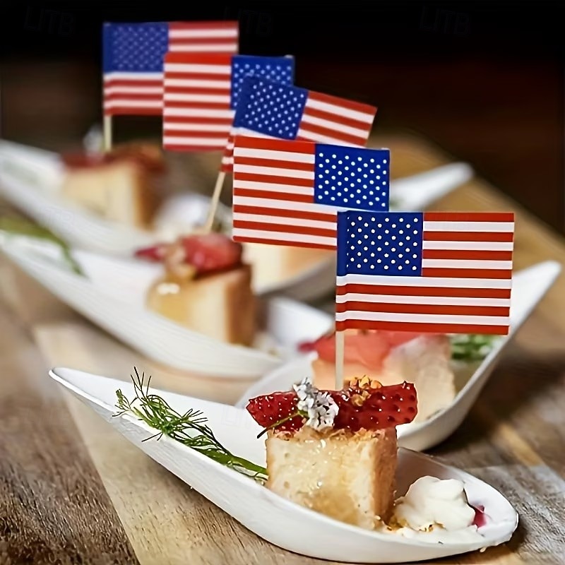 100 Stück patriotische Zahnstocher aus Holz in Form der amerikanischen Flagge – lebensmittelechte Partyspieße für Desserts &Vorspeisen – Dekorationen zum 4. Juli, Unabhängigkeitstag, 250. Jahrestag, 2026 - $9.99 –P4