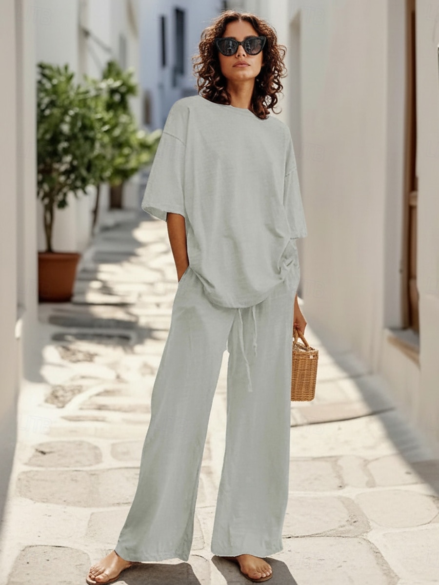 15% Linen Women's Pants Sets Linen Sets Basic Pure Color Pocket Elastic Waist T Shirt Pant Daily Street Long Sleeve Crew Neck Blue Black White Navy Blue Light Brown Summer Spring 2026 - $41.99 –P3