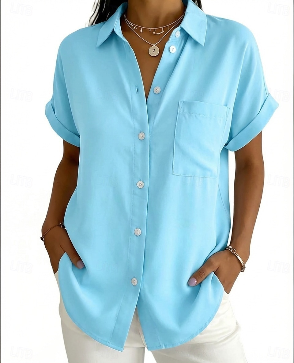 Mujer Camisa Blusa Bolsillo Botones Color sólido Plano Vintage Elegante Manga Corta Cuello Camisero Tops largos Diario Festivos Noche Negro Blanco Rosa Naranja Gris Verano Primavera 2026 - $27.99 –P1