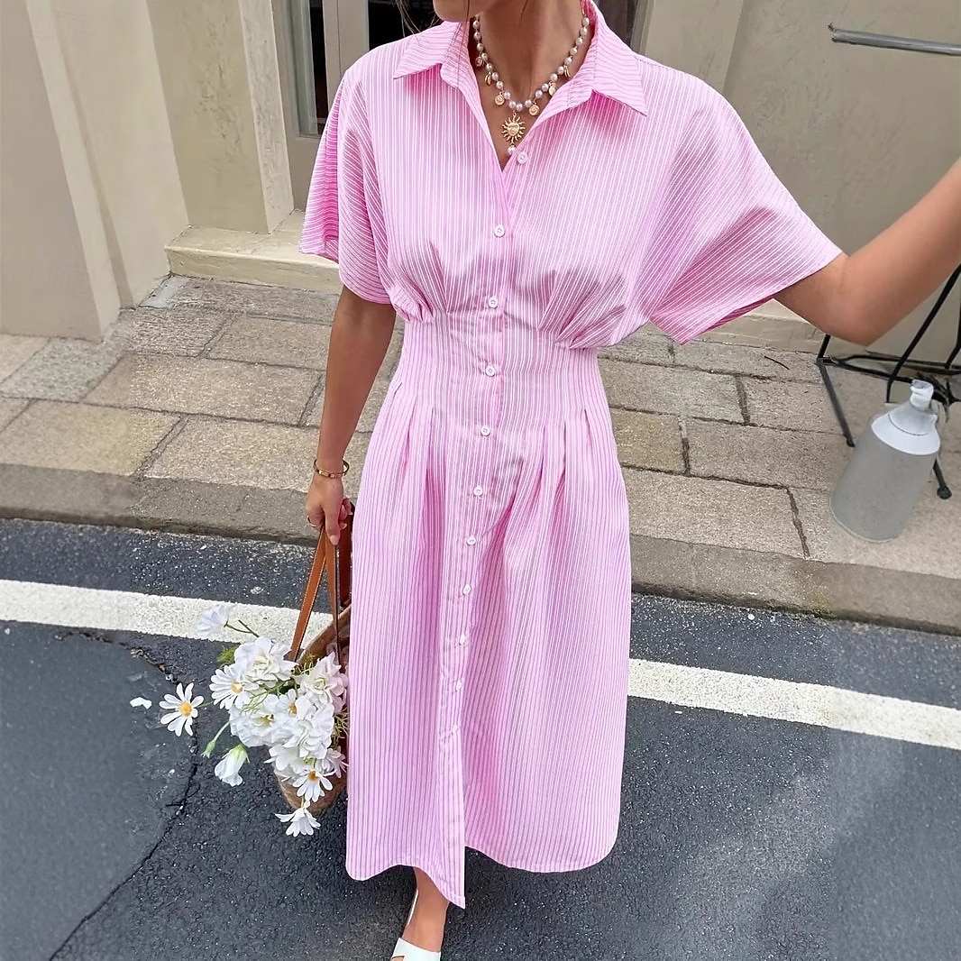 Dam Midiklänning Vardagsklänning A linjeklänning Elegant Strand Normal Grafisk Rand Kortärmad Tröjkrage Blå Gul Rodnande Rosa Grå Sommar Vår 2026 - $44.99 –P5