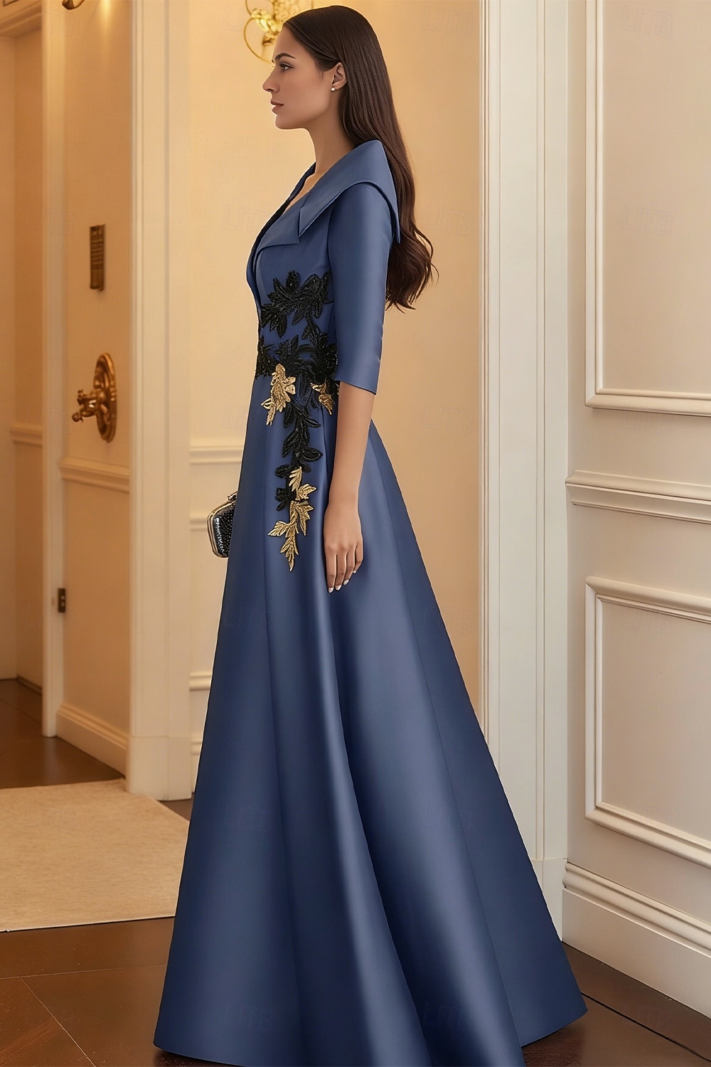 A-Line Floor Length Evening Gown Elegant 3/4 Length Sleeve Shirt Collar Formal Satin with Appliques 2026 - $186.99 –P3