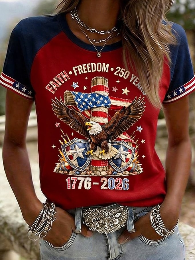 Amerikanischer Unabhängigkeitstag Damen T Shirt Druck Grafik Buchstabe Amerikanische Flagge Vintage Stilvoll Klassisch Kurzarm Rundhalsausschnitt Normale Oberteile Täglich Weiß Rote Sommer Frühling 2026 - $21.99 –P3