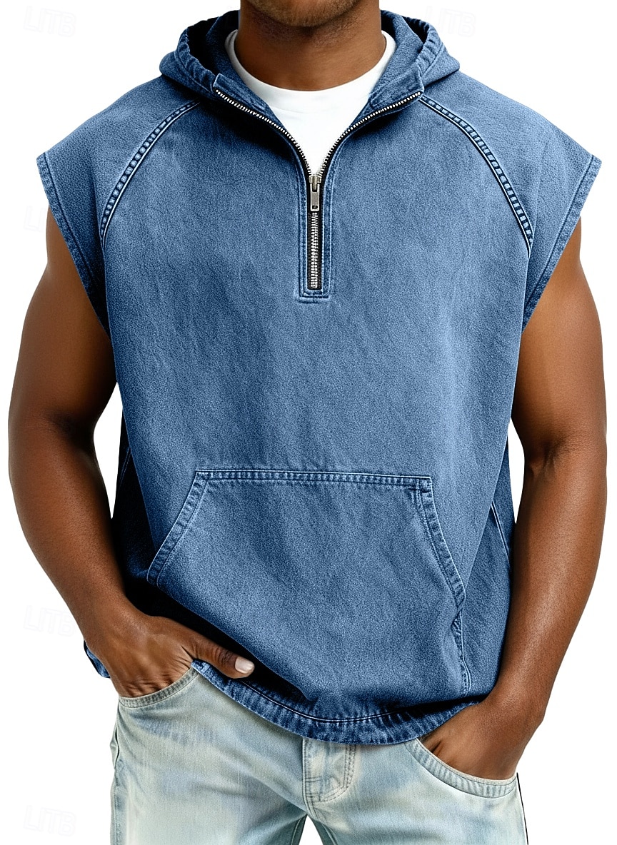 Муж. Безрукавка Демин Рубашка Рубашка с кислотной стиркой Без рукавов Капюшон Молния Лето Весна Все сезоны Полотняное плетение Мода Оригинальный рисунок Классический Окрашенная одежда Капюшон 2026 - $31.99 –P4