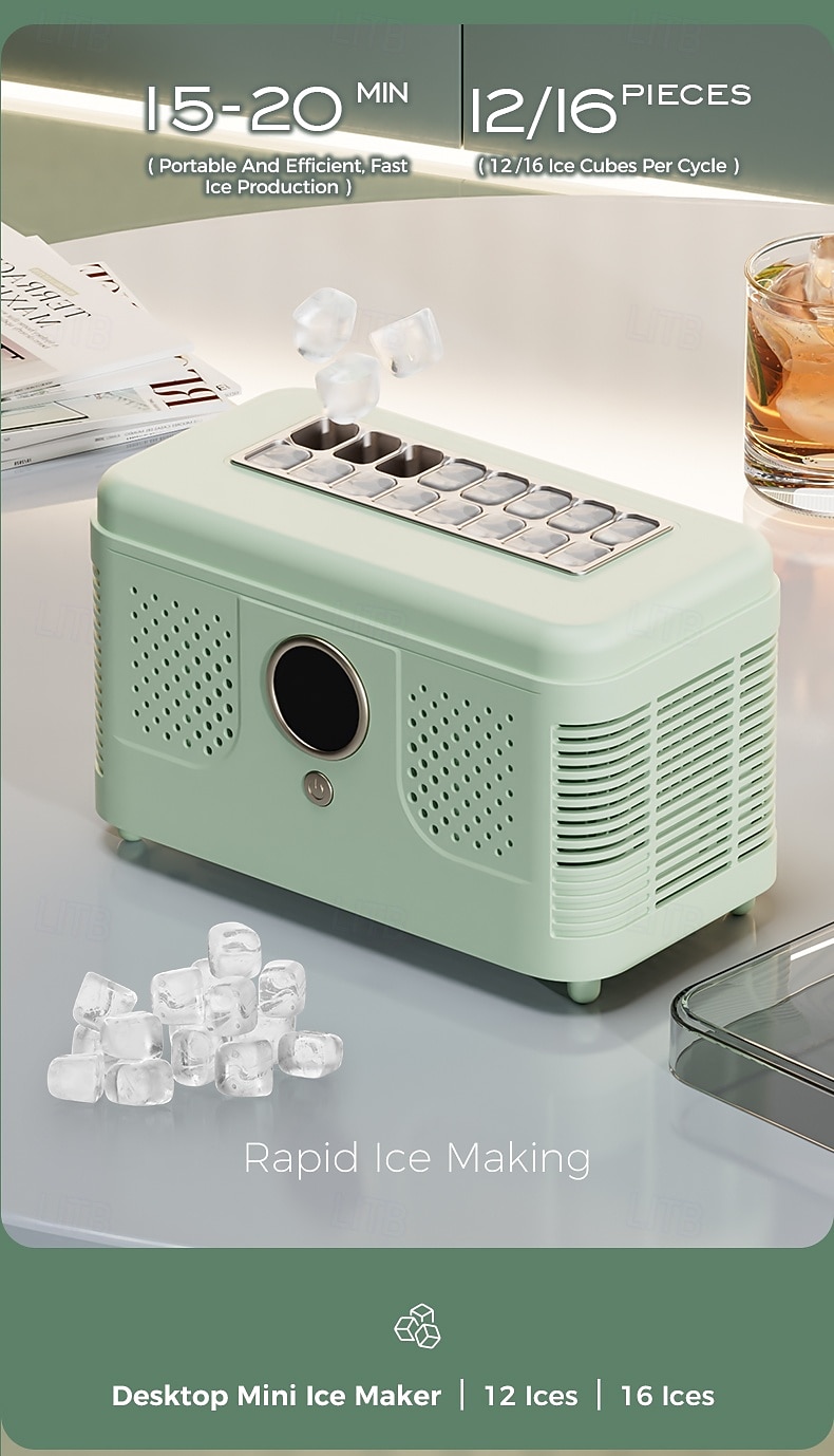 Mini ijsmachine voor op het bureau, draagbare ijsmachine voor thuis, kantoor of camper, maakt ijs in 10-15 minuten, compacte kleine ijsmachine met 12/16 ijsblokjes per cyclus. 2026 - $146.99 –P7
