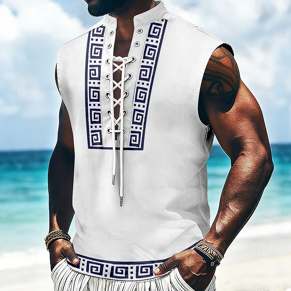 Per uomo Geometrico Etnico Chiave greca Canotta Camicia da pirata con lacci Camicia con colletto alla coreana Senza Maniche Vintage Retrò Casual Quotidiano Vacanza al Mare Estate Primavera Collo alla del 2026 a $25.99 –P1
