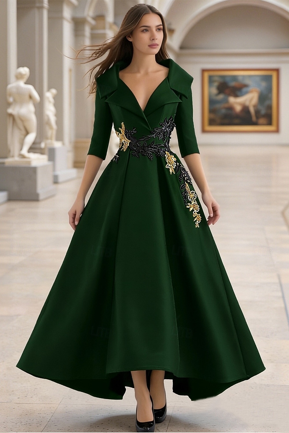 Linha A Longo Vestido formal Vestidos de noite Elegante Manga Longa Decote V Carnaval Formal Bolsos Cetim com Miçangas Apliques de 2026 por $195.99 –P9