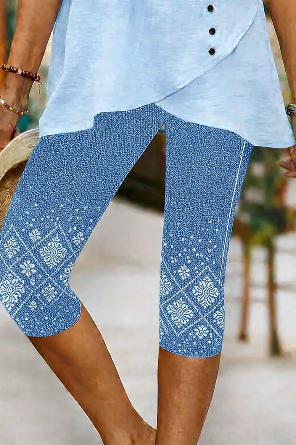 Mujer Pantalones Capri Chinos Polainas Vacaciones Vintage Ropa de calle Medio corto Alta cintura Floral Graphic Estampado Comodidad Suave Cómodo Elástico Diario Exterior Vacaciones Azul Piscina Negro 2026 - $19.99 –P3