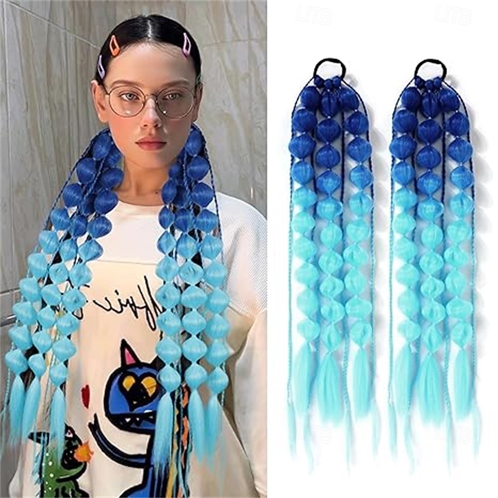 2 pezzi di extension per coda di cavallo sintetiche colorate a forma di bolla, extension per capelli intrecciati leggeri da 24 pollici, accessori per festival rave per ragazze, giornata dei capelli del 2026 a $34.99 –P3