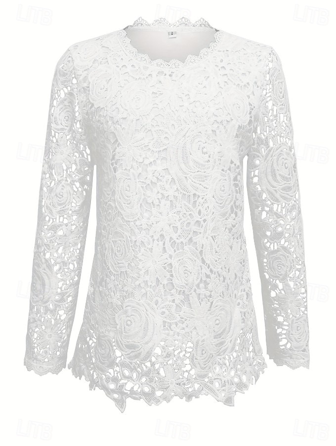 Women's Blouse Lace Solid Color Elegant Stylish Casual Long Sleeve Crew Neck Regular Tops Daily White Summer Spring Fall 2026 - $36.99 –P4