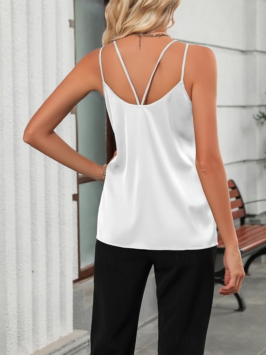 Dames Singlet Mouwloos shirt T-shirt Effen Kleur Modieus Klassiek Casual Mouwloos V-hals Normale tops Dagelijks Uitgaan Weekend Zwart Wit Zomer Lente 2026 - $21.99 –P6