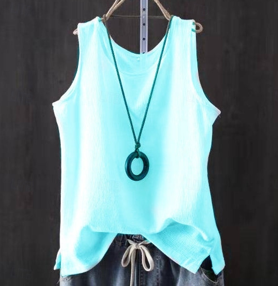 Per donna Finto cotone e lino Semplice Moda Elegante Classico Senza Maniche Manica Corta Girocollo Top Regolari Quotidiano Uscire Weekend Blu Nero Bianco Giallo Rosa Estate Primavera del 2026 a $34.99 –P14