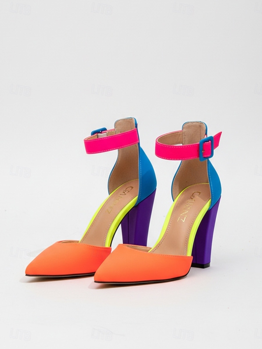décolleté da donna con blocchi di colore multicolore vivaci - tacchi alti con punta a punta arancione acceso e cinturino alla caviglia rosa neon &tacco viola per cocktail party, discoteche &eventi di del 2026 a $54.99 –P4