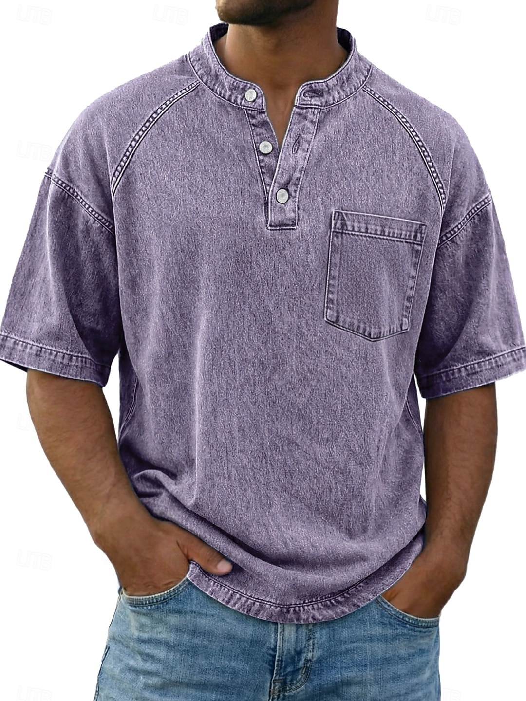 Bărbați Tricou Cămașă Demin Cămașă de spălat cu acid 100% bumbac Manșon scurt Guler de stand Henley Toamna iarna Primăvară Toamnă Simplu Epocă Șic Stradă Casual Buzunar Vopsit în haine Spălat Casual 2026 - $31.99 –P11