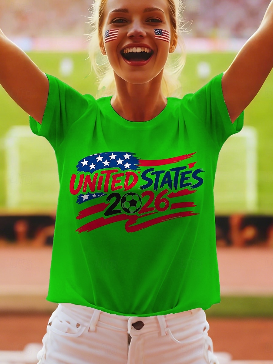 World Soccer Match 2026 Women's T Shirt Print Graphic Letter Stylish Classic Casual Short Sleeve Crew Neck Long Tops Daily Blue White Green Summer Spring 2026 - $21.99 –P3