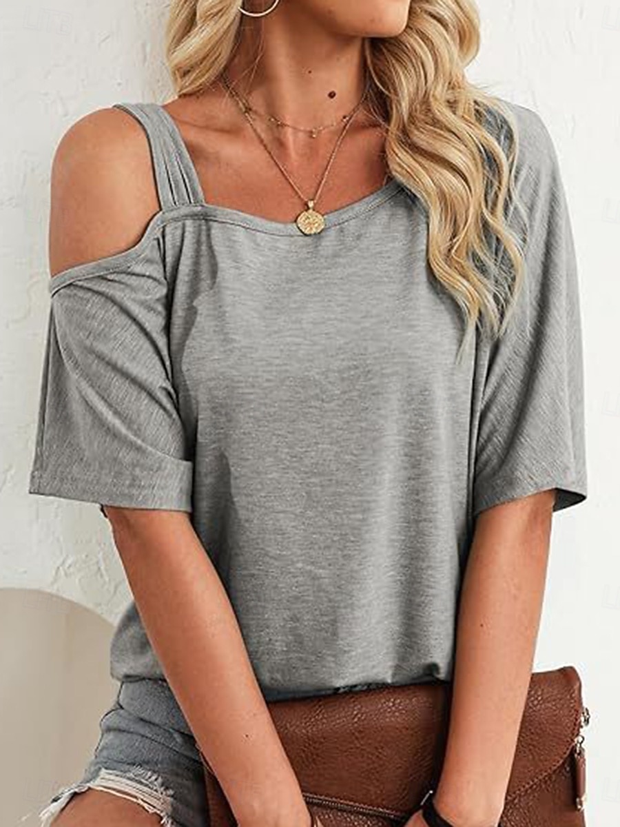Femmes T-shirt Œillet Uni Mode Élégant Classique Manche Courte Col asymétrique Hauts Réguliers Quotidien Sortir Week-end Bleu Noir Blanche Rose Claire Fuchsia Été Printemps de 2026 ? $21.99 –P8