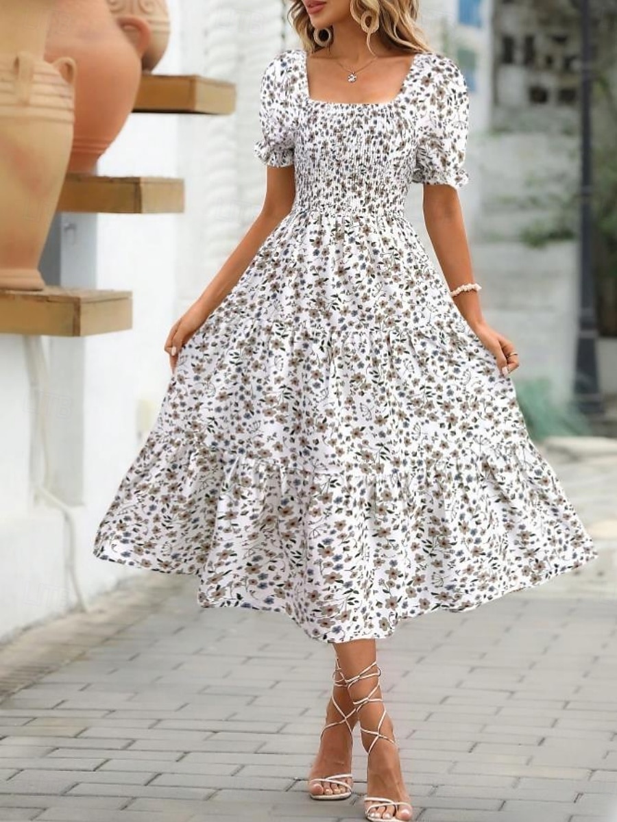 Women's Midi Dress Casual Dress Floral Dress Elegant Fashion Modern Outdoor Vacation Going out Regular Fit Floral Short Sleeve Square Neck Blue Black White Pink Summer Spring 2026 - $25.99 –P16