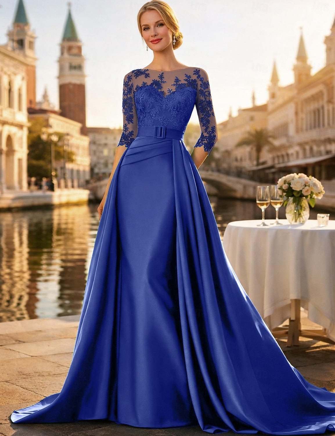 A-lijn Strijksleep Bruiloft gast jurk Formele jurk Avondjurk Moeder van de bruid jurk Lange mouw Met sieraad Elegant Zijdeachtig Kerstmis Formeel Satijn met Appliqués 2026 - $199.99 –P7