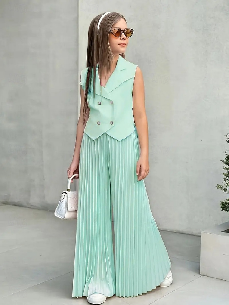 2 Pezzi Bambini Ragazze Tinta unica Arricciato Camicia & Pantaloni Impostato Senza Maniche Moda Casuale Dai 4 anni in su Estate Rosa scuro Bianco Rosa del 2026 a $27.99 –P4