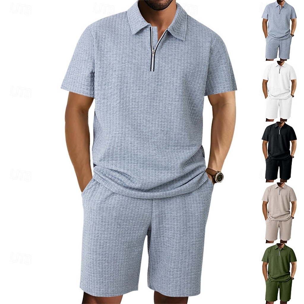 Herre Polo T-skjorte drakter Joggedress Shorts og T-skjorte sett Kortermet Kort Erme Aftæpning Sommer Fargeblokk Gymnastik Fritid Jacquard Glidelås 2 deler Avslappet Feriereise Dagligdagstøy Svart 2026 - $35.99 –P1