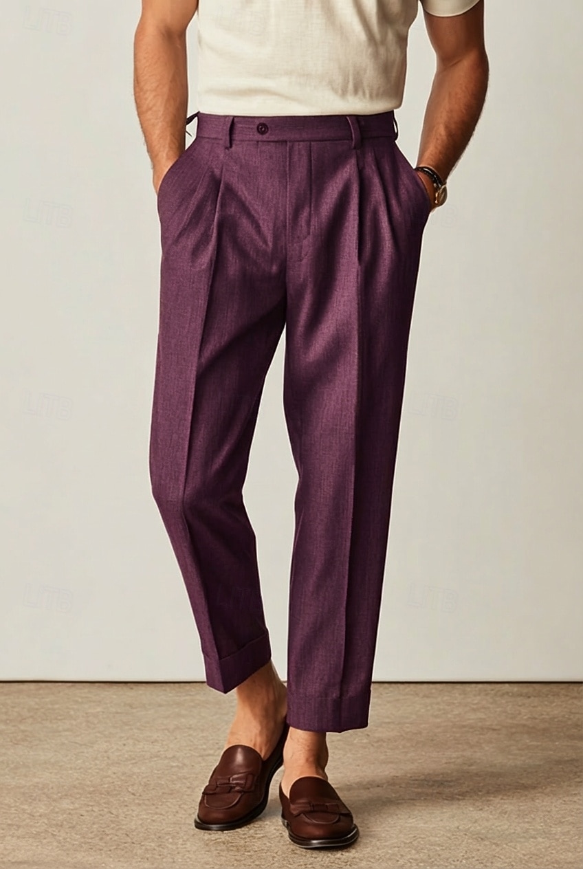 dark purple dress pants Unique Bargains Men's Pants, 100% Polyester, Purple, Size 30, Slim Fit Flat Front Chino Business Wedding Suit Whether you wear it with a shirt Men's Cotton Linen Dress Pants