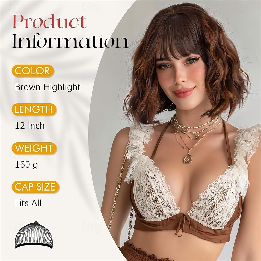 Short Wavy Golden Chestnut Brown Wig - 12 Inch Bob Wig with Bangs for Women Curly Shoulder Length Bob Wig with Bangs Soft Synthetic Hair Wigs for Girls Daily Party Use 2026 - $30.99 –P2