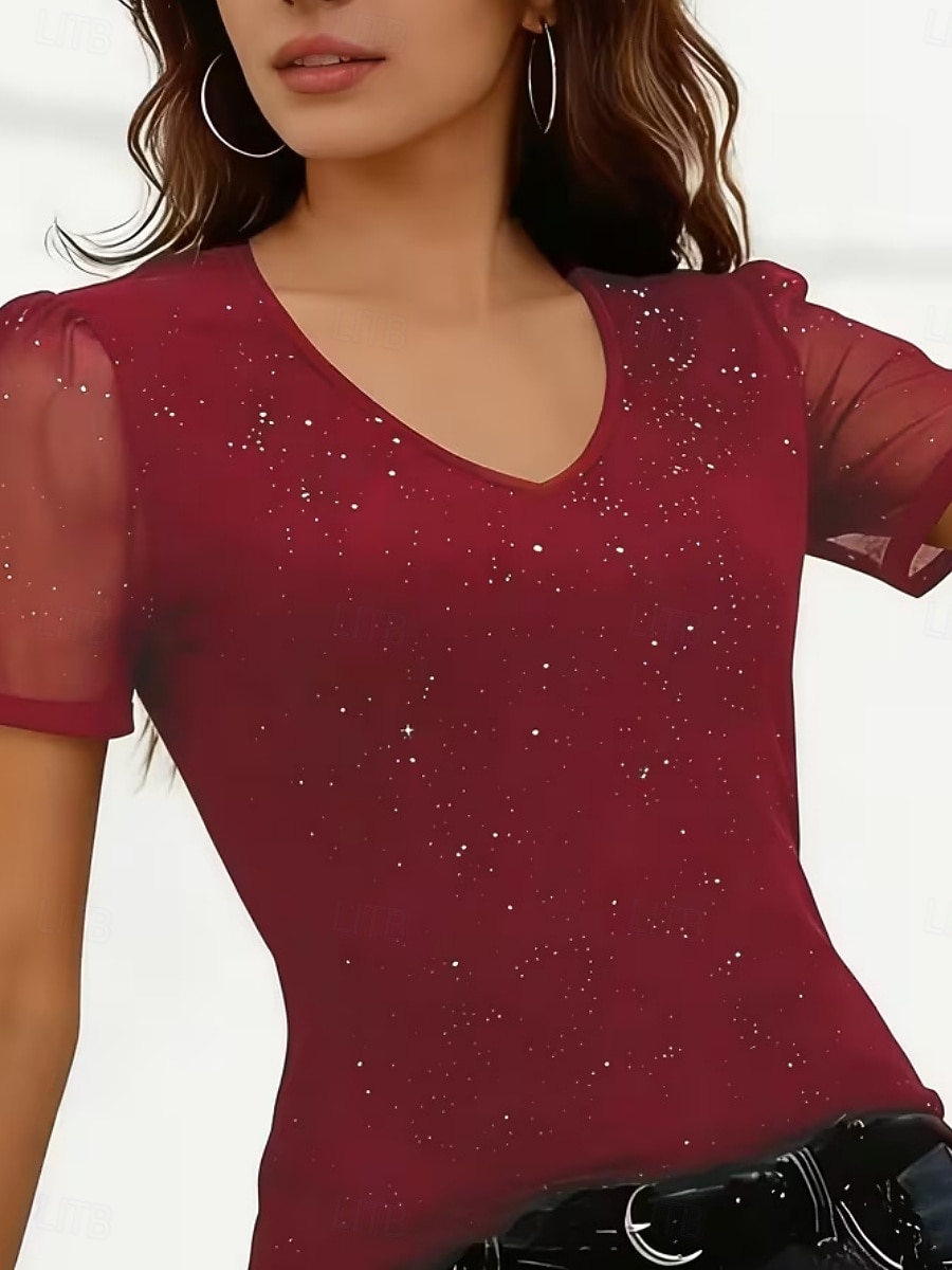 Femmes T-shirt Paillettes Maille Couleur Unie Élégant Mode Classique Manche Courte Col en V Hauts Réguliers Quotidien Sortir Week-end Noir Rouge Été Printemps de 2026 ? $21.99 –P6