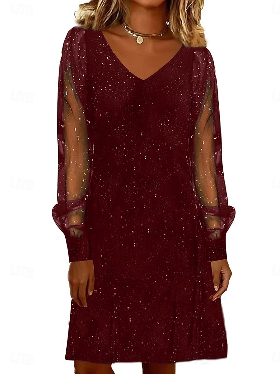 Damen Knielanges Kleid Partykleid Cocktailkleid Elegant Mode Modern Abendgesellschaft Party Cocktailparty Normale Passform Stern Langarm V Ausschnitt Schwarz Wein Königsblau Sommer Frühling 2026 - $31.19 –P3