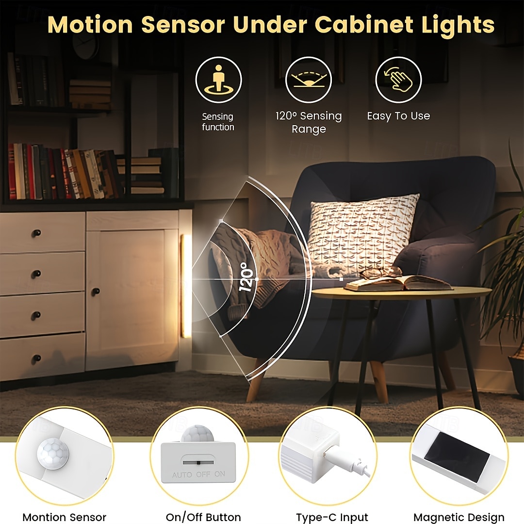 6 Pcs Magnetic Smart Motion Sensor USB Rechargeable Cabinet Lights, 3-Color Dimmable, 3 Lighting Modes, LED Strip Lights for Indoor, Bedroom, Hallway, Bathroom, Cabinets, Staircase, 10/20/30cm 2026 - $23.99 –P1