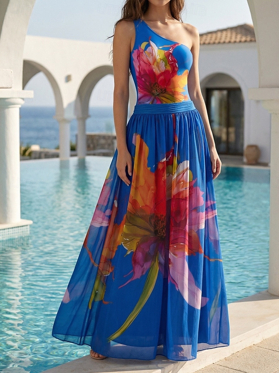 Mulheres Roupa de Banho 2 partes Monoquíni Saia roupa de banho Compressão abdominal Cintura Alta Delgado Frente Única Férias Roupa de Praia Floral Pescoço Assimétrico Sem Manga Fatos de banho de 2026 por $29.99 –P5