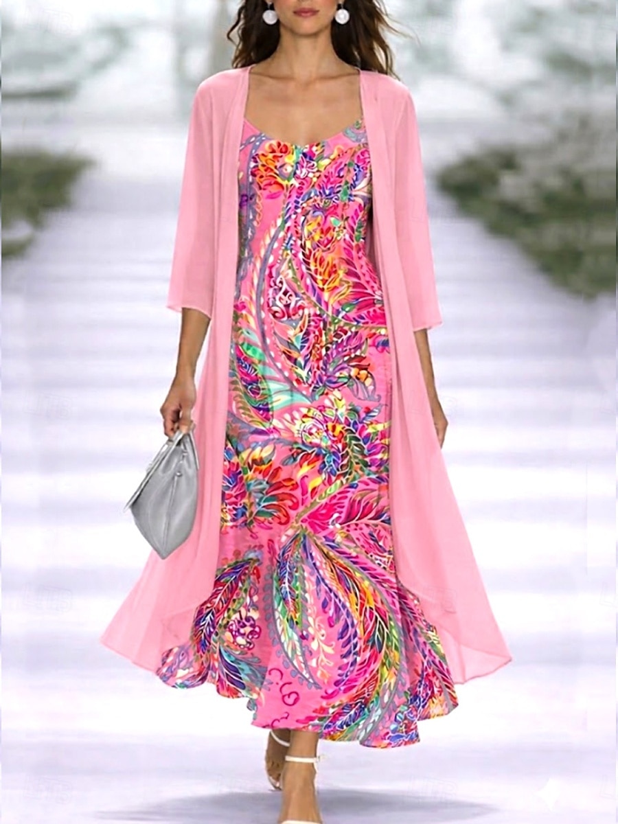 Mujer Conjunto de vestido Vestido de una línea Elegante Vacaciones Floral Graphic Multi capa Estampado Vestido maxi Manga 3/4 Escote en Pico Diario Vacaciones Rosa Morado Verano Primavera Ajuste 2026 - $51.99 –P2