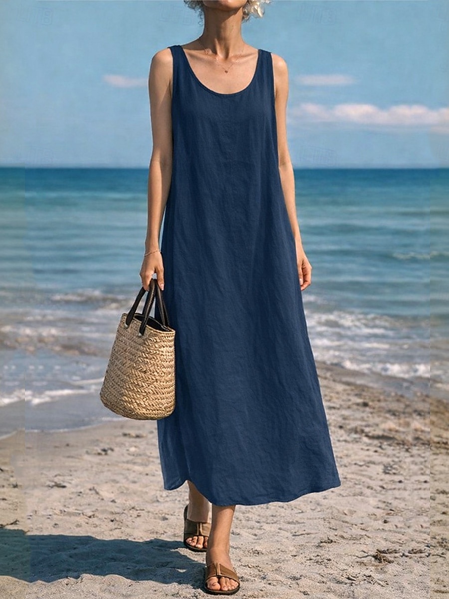 Per donna Abito maxi Finto cotone e lino Abito a Tubino Abito Estivo Abito Sottoveste Casual Spiaggia Quotidiano Vestibilità comoda Semplice Senza Maniche Collo a U Blu blu navy Giallo Rosso Estate del 2026 a $27.99 –P5
