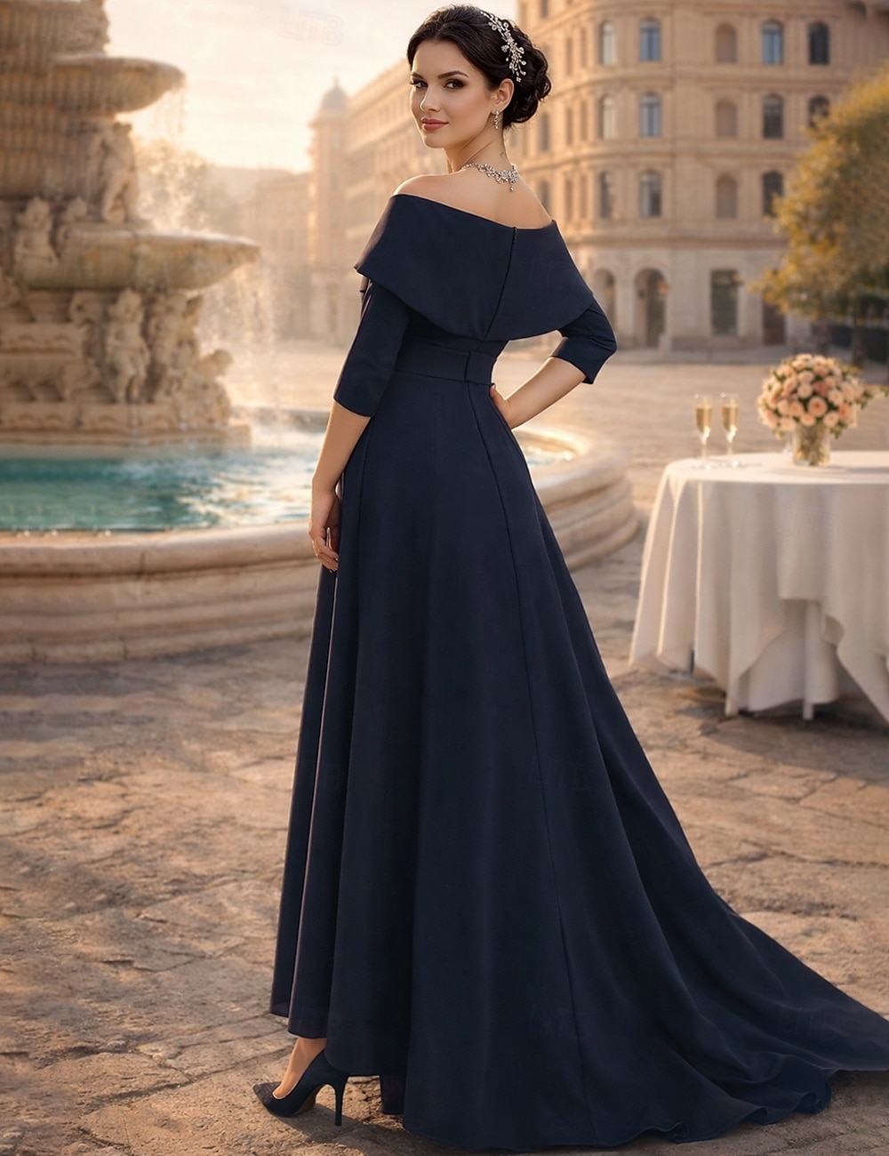 Tvådelad Byxor Ankellång Klänning till brudens mor 3/4 ärm Rundhals Över axeln Elegant party Formell Bröllopsgäst Stretchtyg med Bälte / band 2026 - $167.99 –P2