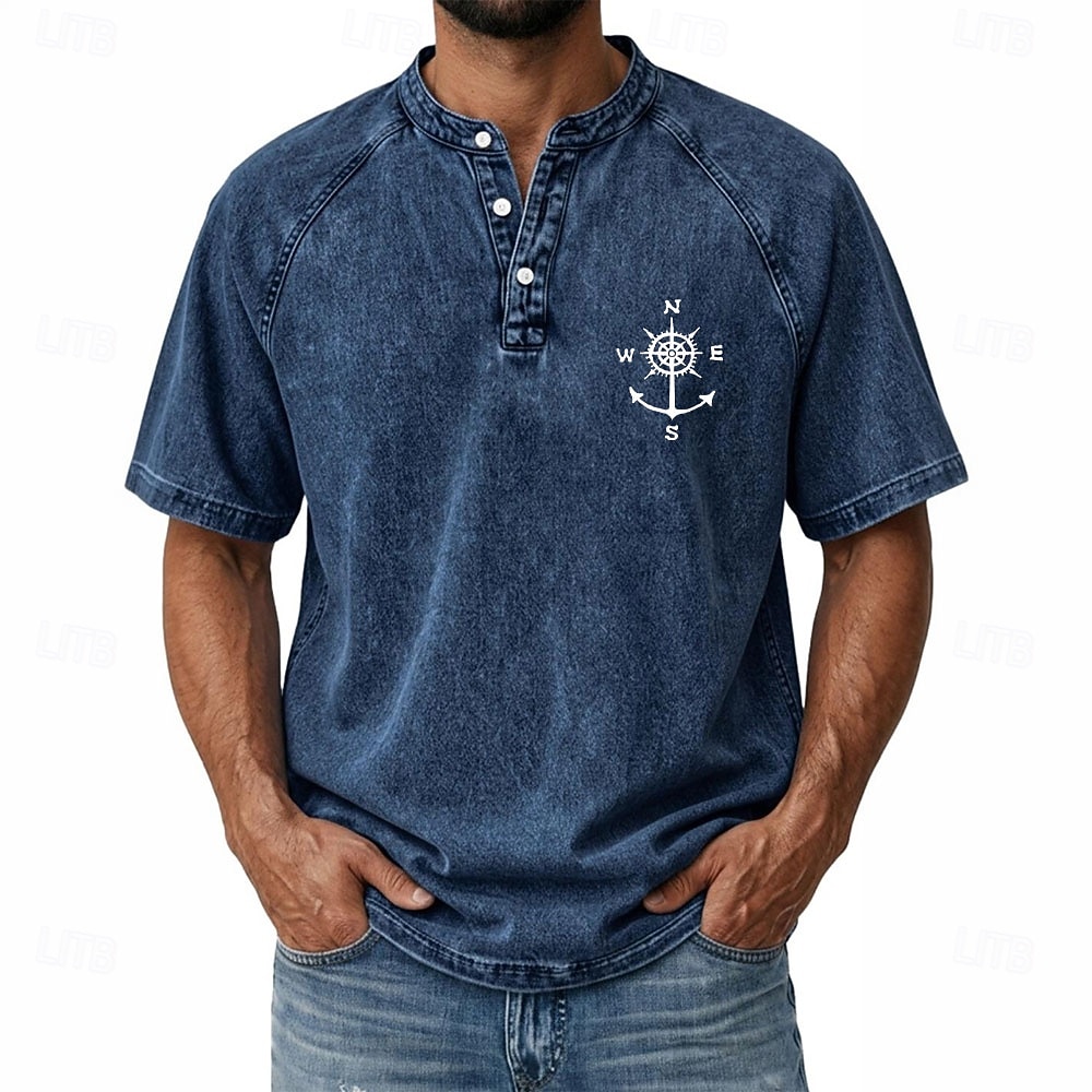 SoftFade™ Men's Demin Shirt 100% Cotton Acid Wash Shirt Henley Top Short Sleeve Vintage Distressed Casual Home Street Summer Spring Black Pink Light Green Gray Light Blue Stand Collar Henley 2026 - $31.99 –P3