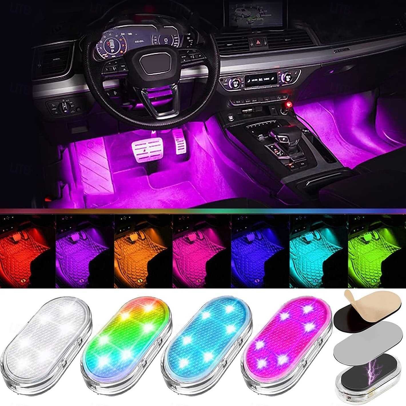 Conjunto de 1 conjunto de luzes LED internas sem fio para carro, luzes coloridas para interior de carro com 6 LEDs brilhantes, luz noturna LED interna portátil recarregável via USB para decoração de carro. de 2026 por $16.62 –P6