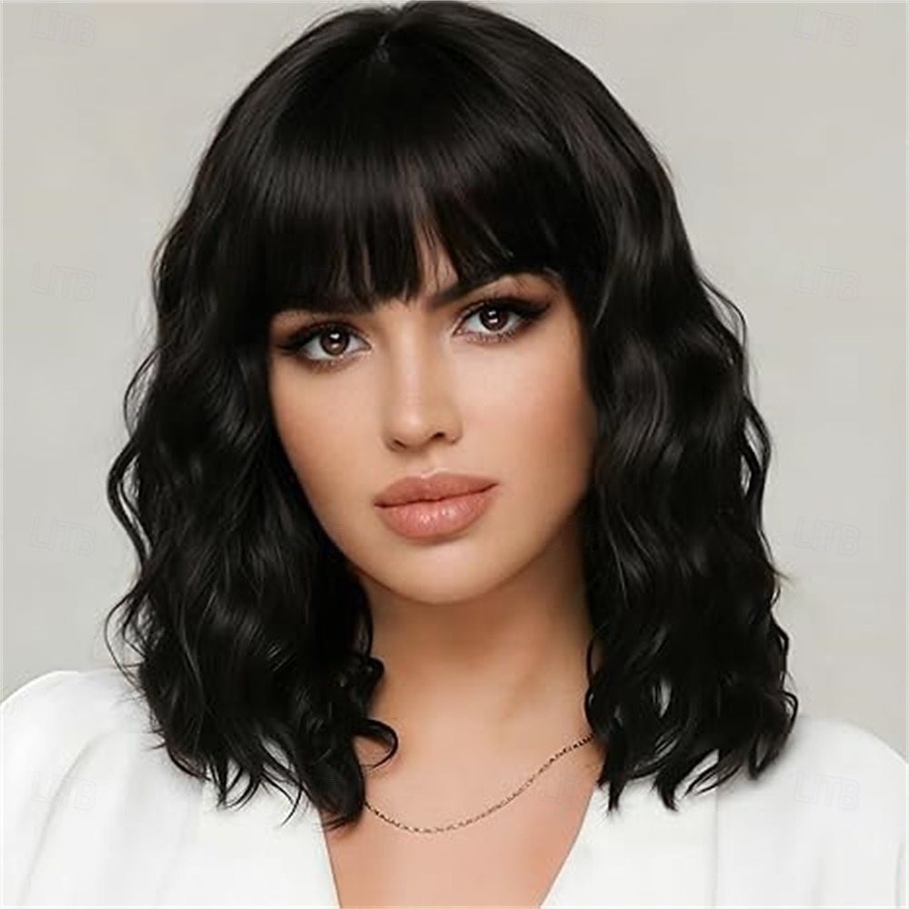 Black Mixed Brown Wig with Bangs Short Wavy Bob Wigs for Women Synthetic Shoulder Length Hair Natural Looking Curly Wig Heat Resistant Hair Replacement Bob Wigs (14 Inch) 2026 - $30.99 –P7