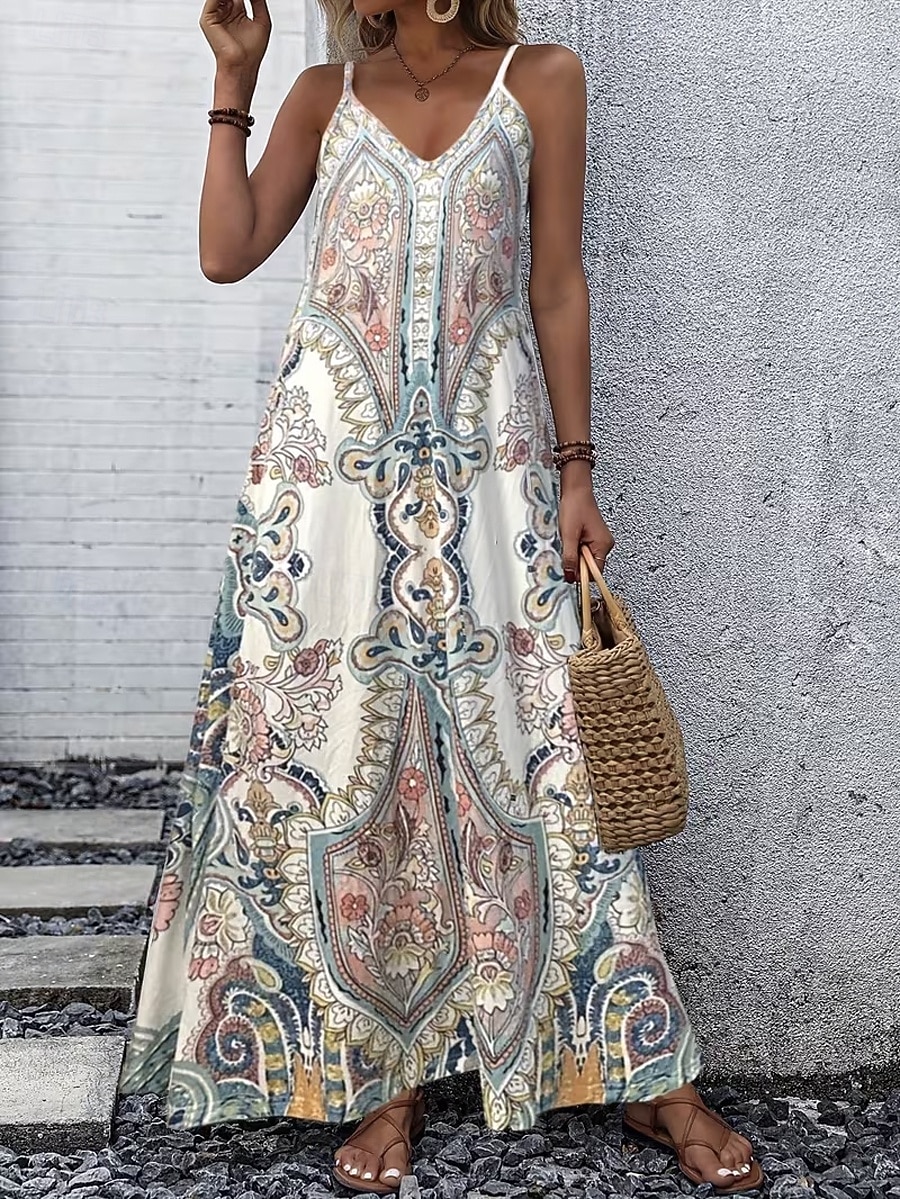 Damen Maxikleid Sommerkleid A Linie Kleid Unterkleid Urlaub Lässig Strand Ausgehen Lässiger Schnitt Grafik Paisley-Muster Ärmellos V Ausschnitt Weiß Sommer Frühling 2026 - $36.99 –P3