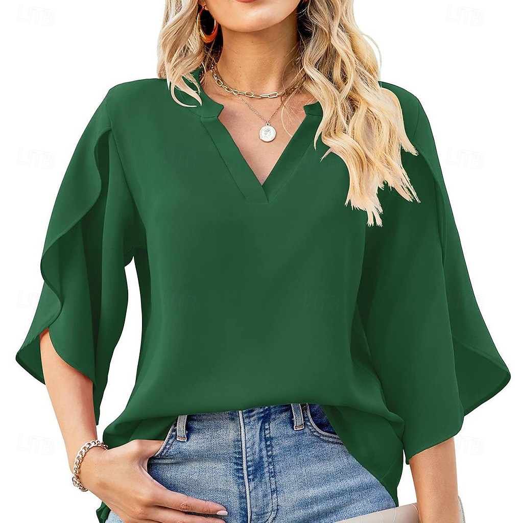 Per donna Camicia Camicia Estiva Camicia casual Top in chiffon Volant Tinta unica Semplice Elegante Vacanza Moda Mezza Manica Scollo a V Top Regolari Quotidiano Ferie Uscire Nero Bianco Rosa Verde del 2026 a $26.99 –P4