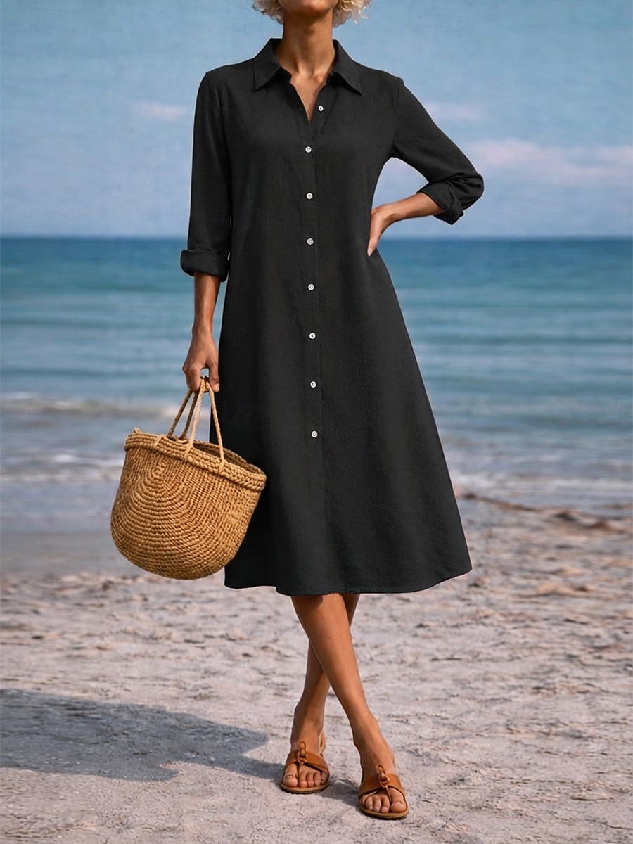 Damskie Sukienka midi Sukienka koszulowa Codzienne sukienki Sukienka A line Sukienka z imitacji lnu Moda Podstawowy Nowoczesny Codzienny Urlop Wyjściowe Regularny Równina Długi rękaw Kołnierzyk 2026 - $26.99 –P10