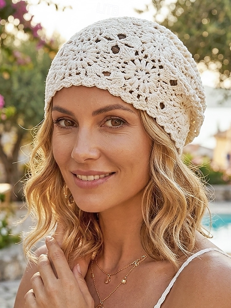 Женская вязаная шапка-бини в стиле бохо с цветочным принтом, из хлопковой смеси, разных цветов, для повседневной носки, путешествий, отдыха и пляжного курорта. 2026 - $14.99 –P2