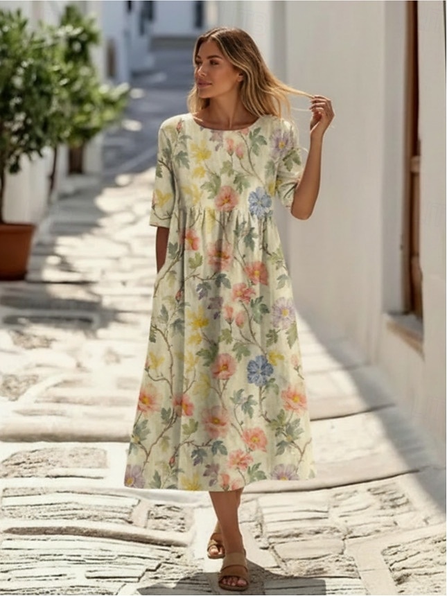 Mujer Vestido Midi Vestido informal Vestido de flores Clásico Moderno Diario Exterior Festivos Ajuste regular Flor Manga Corta Cuello Barco Azul Piscina Amarillo Fucsia Albaricoque Otoño 2026 - $39.99 –P1